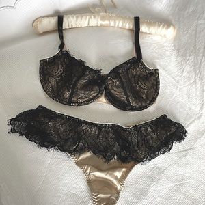 Elegant black lace and tan satin bra and thong underwear set from London England